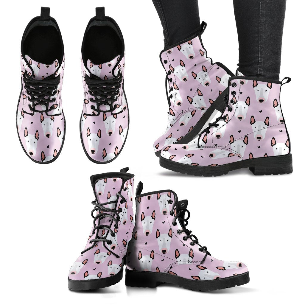 Bull Terrier Pink Print Pattern Women Leather Boots-JTAMIGO.COM