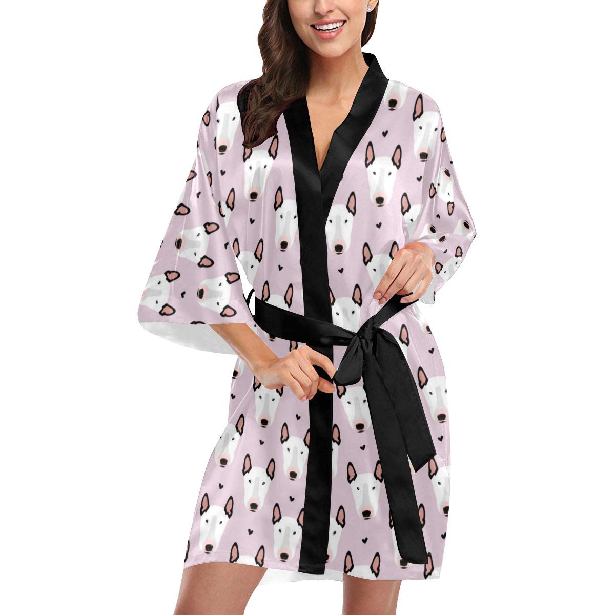 Bull Terrier Pink Print Pattern Women Short Kimono Robe