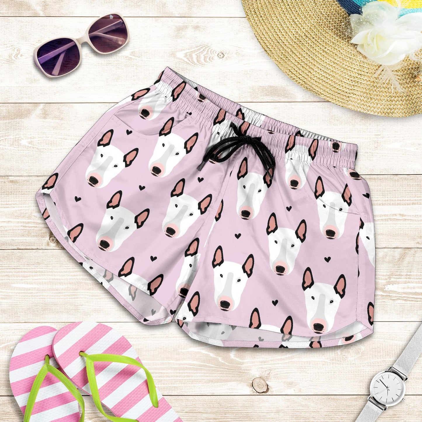 Bull Terrier Pink Print Pattern Women Shorts-JTAMIGO.COM