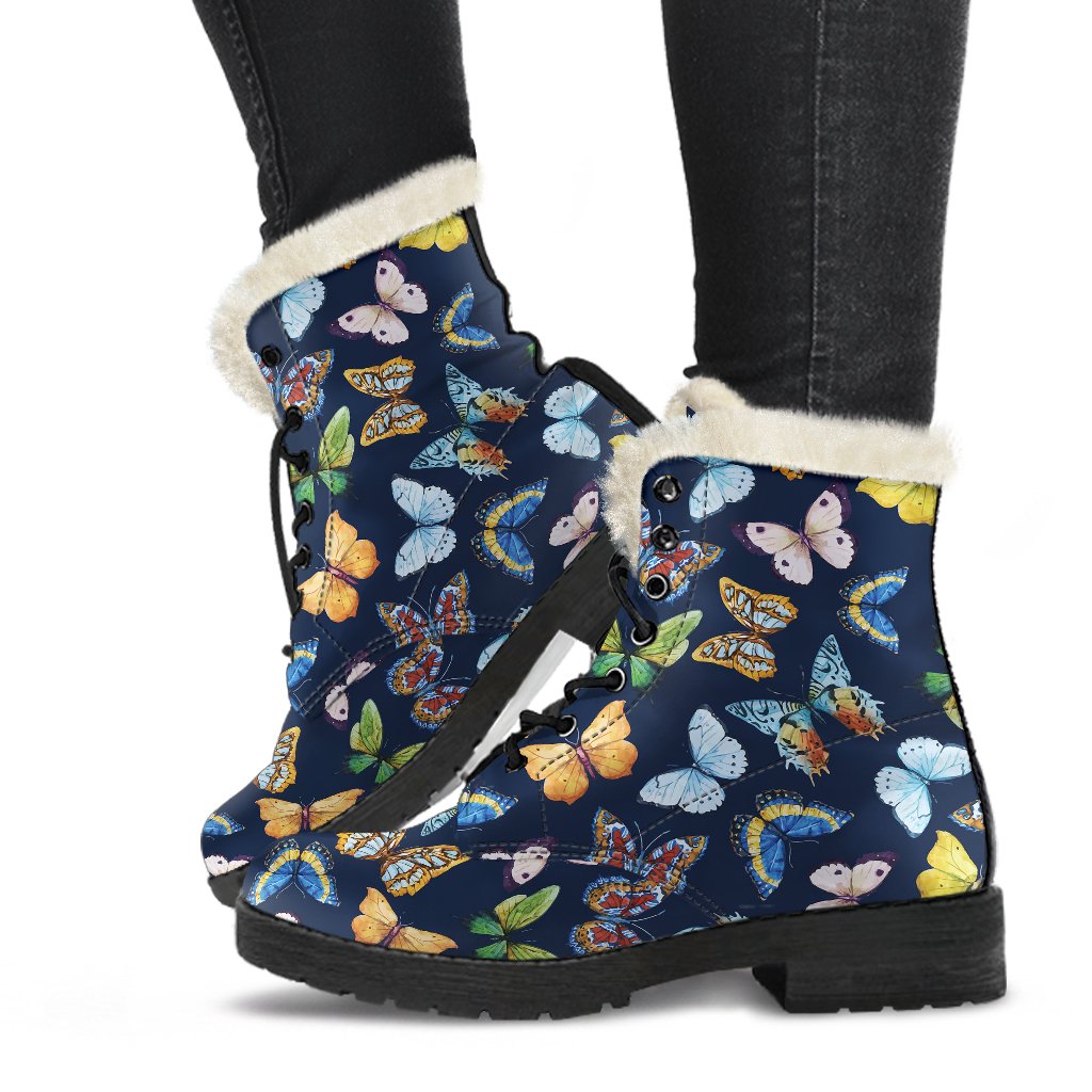 Butterfly Beautiful Print Pattern Faux Fur Leather Boots-JTAMIGO.COM
