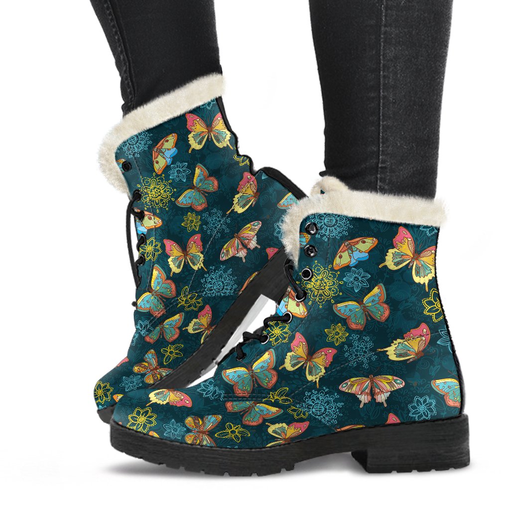Butterfly Hand Draw Print Pattern Faux Fur Leather Boots-JTAMIGO.COM