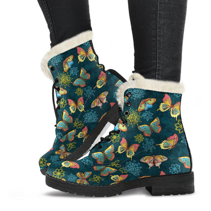 Butterfly Hand Draw Print Pattern Faux Fur Leather Boots-JTAMIGO.COM
