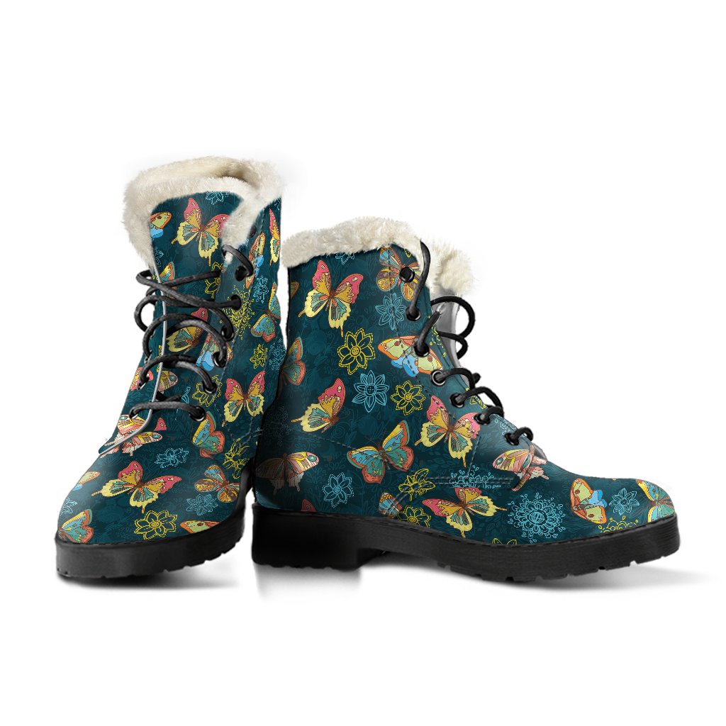 Butterfly Hand Draw Print Pattern Faux Fur Leather Boots-JTAMIGO.COM