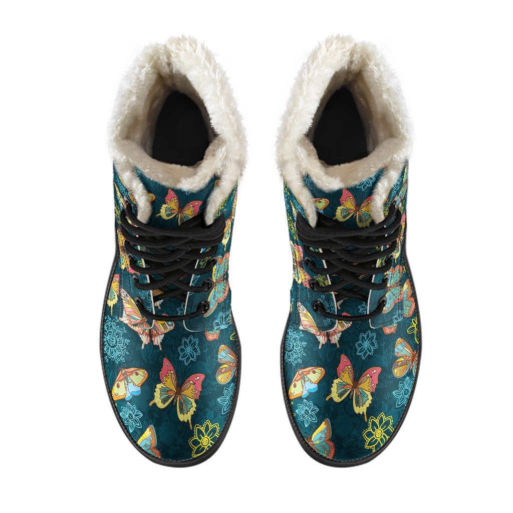 Butterfly Hand Draw Print Pattern Faux Fur Leather Boots-JTAMIGO.COM