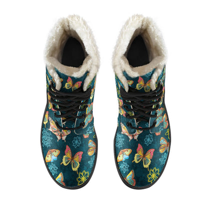 Butterfly Hand Draw Print Pattern Faux Fur Leather Boots-JTAMIGO.COM