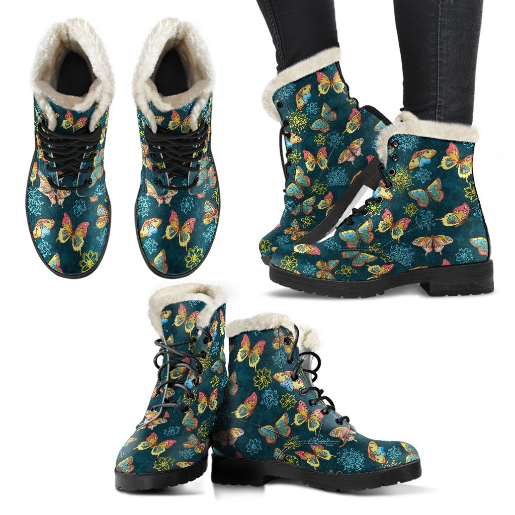 Butterfly Hand Draw Print Pattern Faux Fur Leather Boots-JTAMIGO.COM