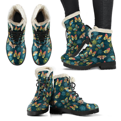 Butterfly Hand Draw Print Pattern Faux Fur Leather Boots-JTAMIGO.COM