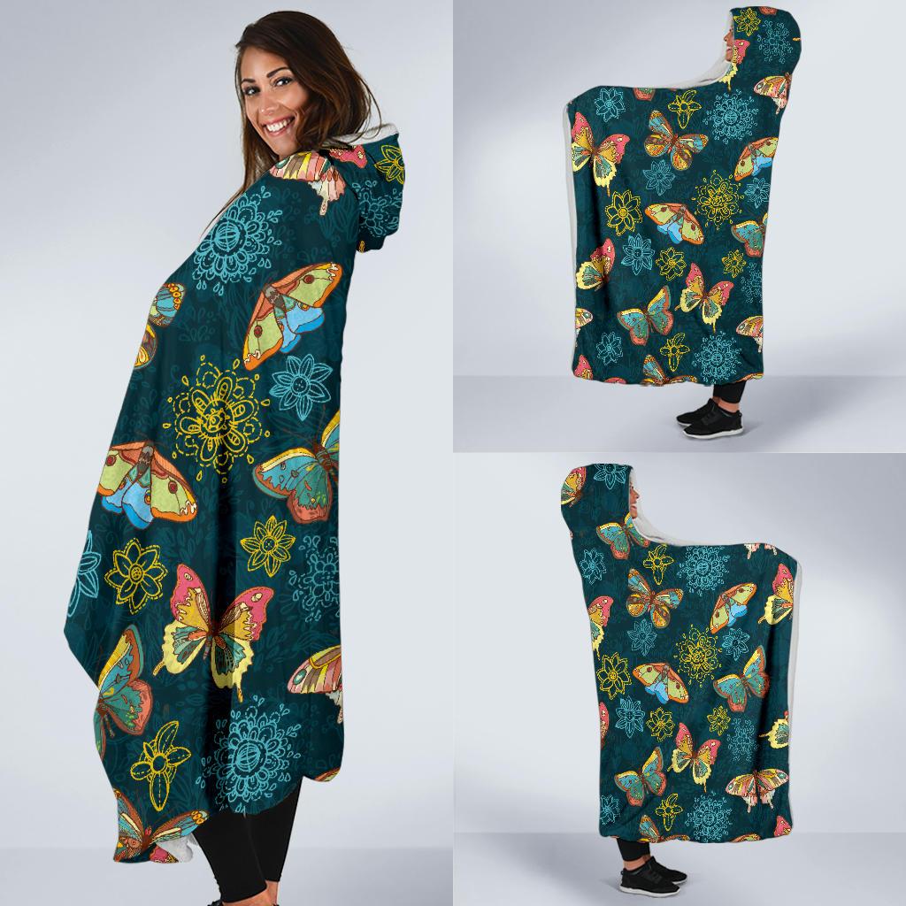 Butterfly Hand Draw Print Pattern Hooded Blanket-JTAMIGO.COM