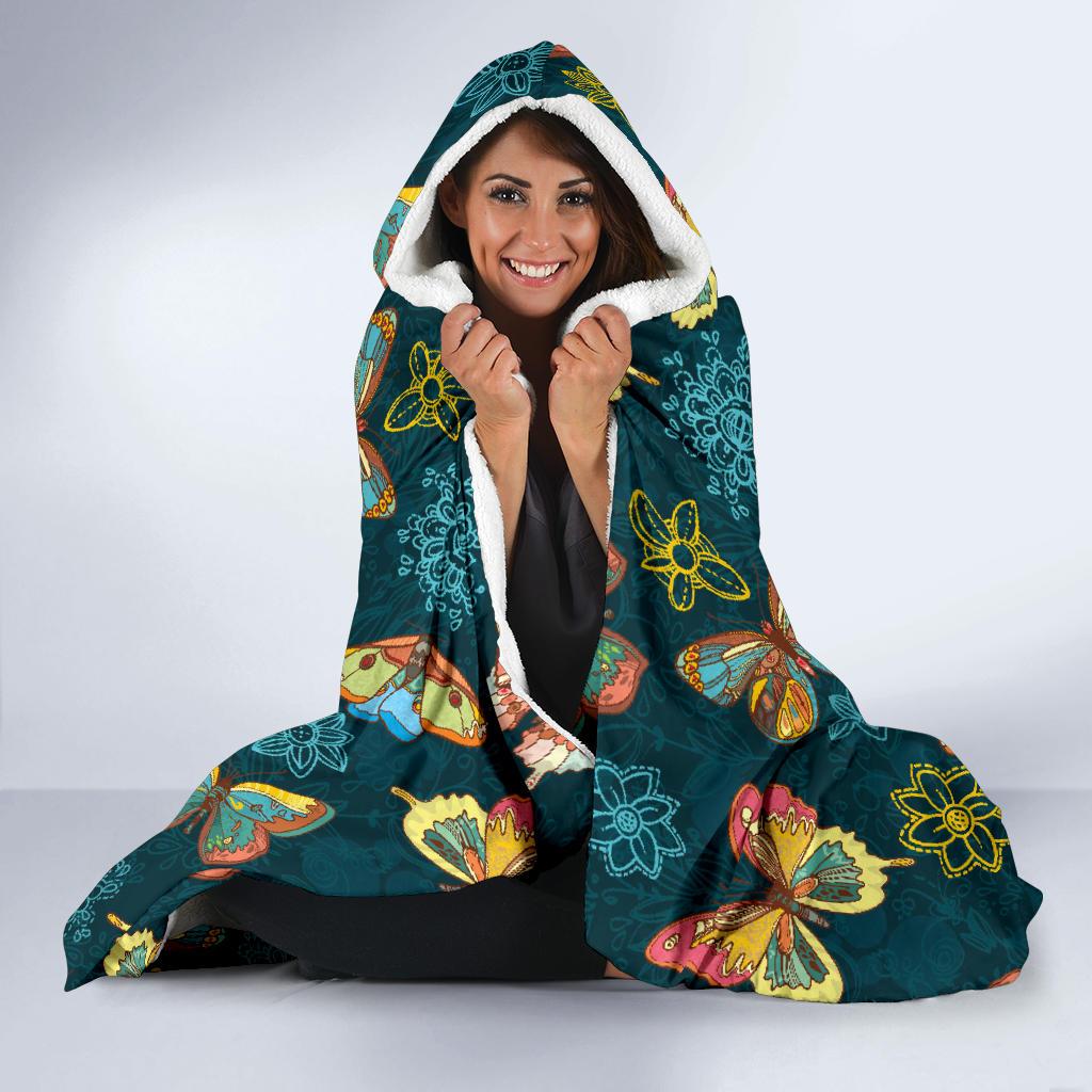 Butterfly Hand Draw Print Pattern Hooded Blanket-JTAMIGO.COM