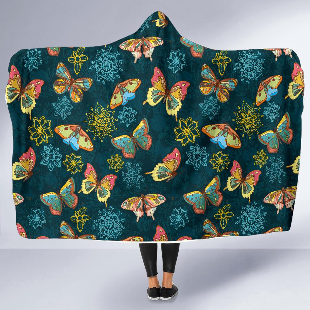 Butterfly Hand Draw Print Pattern Hooded Blanket-JTAMIGO.COM