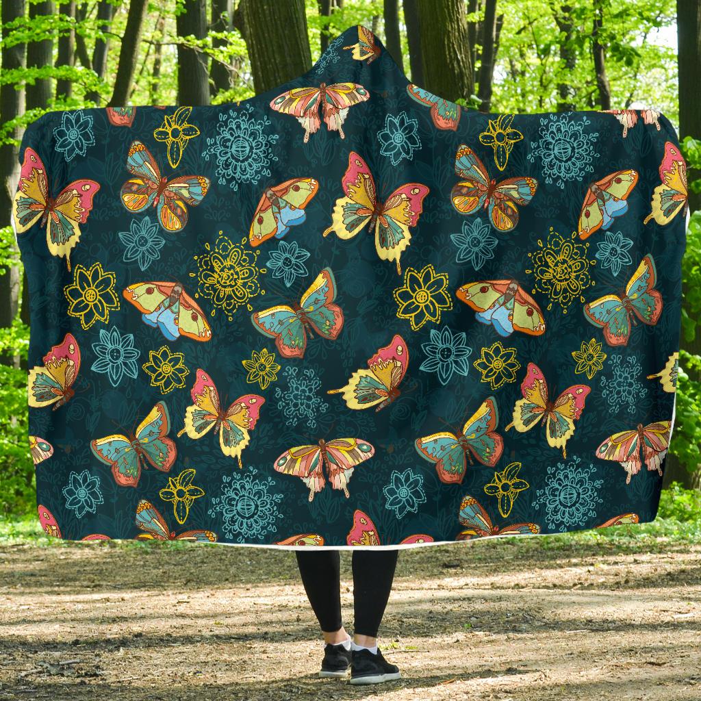 Butterfly Hand Draw Print Pattern Hooded Blanket-JTAMIGO.COM