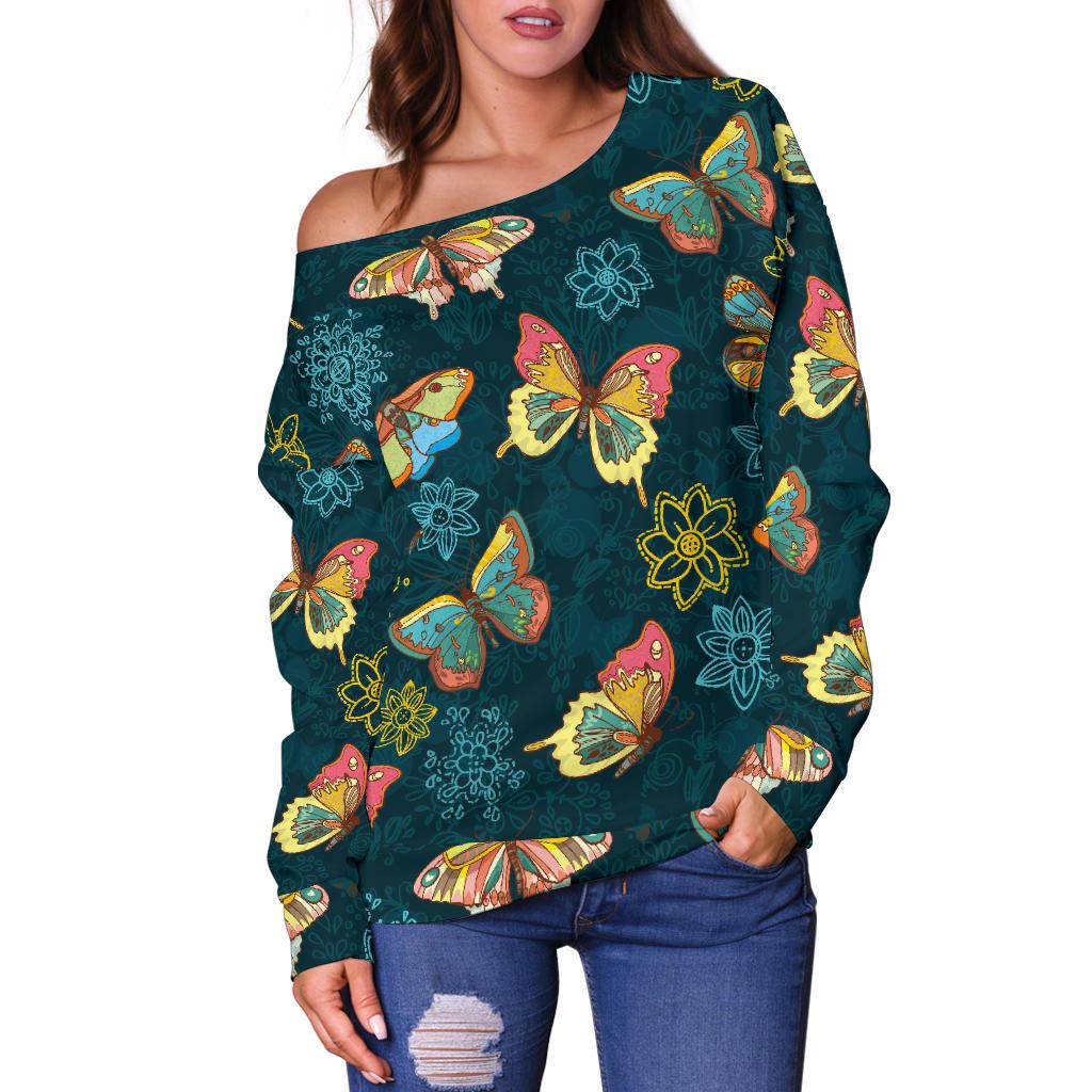 Butterfly Hand Draw Print Pattern Off Shoulder Sweatshirt