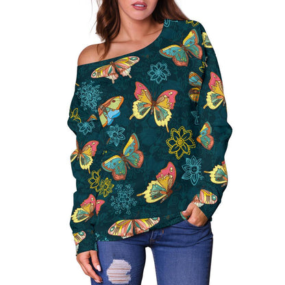 Butterfly Hand Draw Print Pattern Off Shoulder Sweatshirt