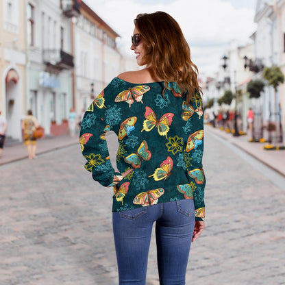 Butterfly Hand Draw Print Pattern Off Shoulder Sweatshirt