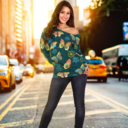 Butterfly Hand Draw Print Pattern Off Shoulder Sweatshirt