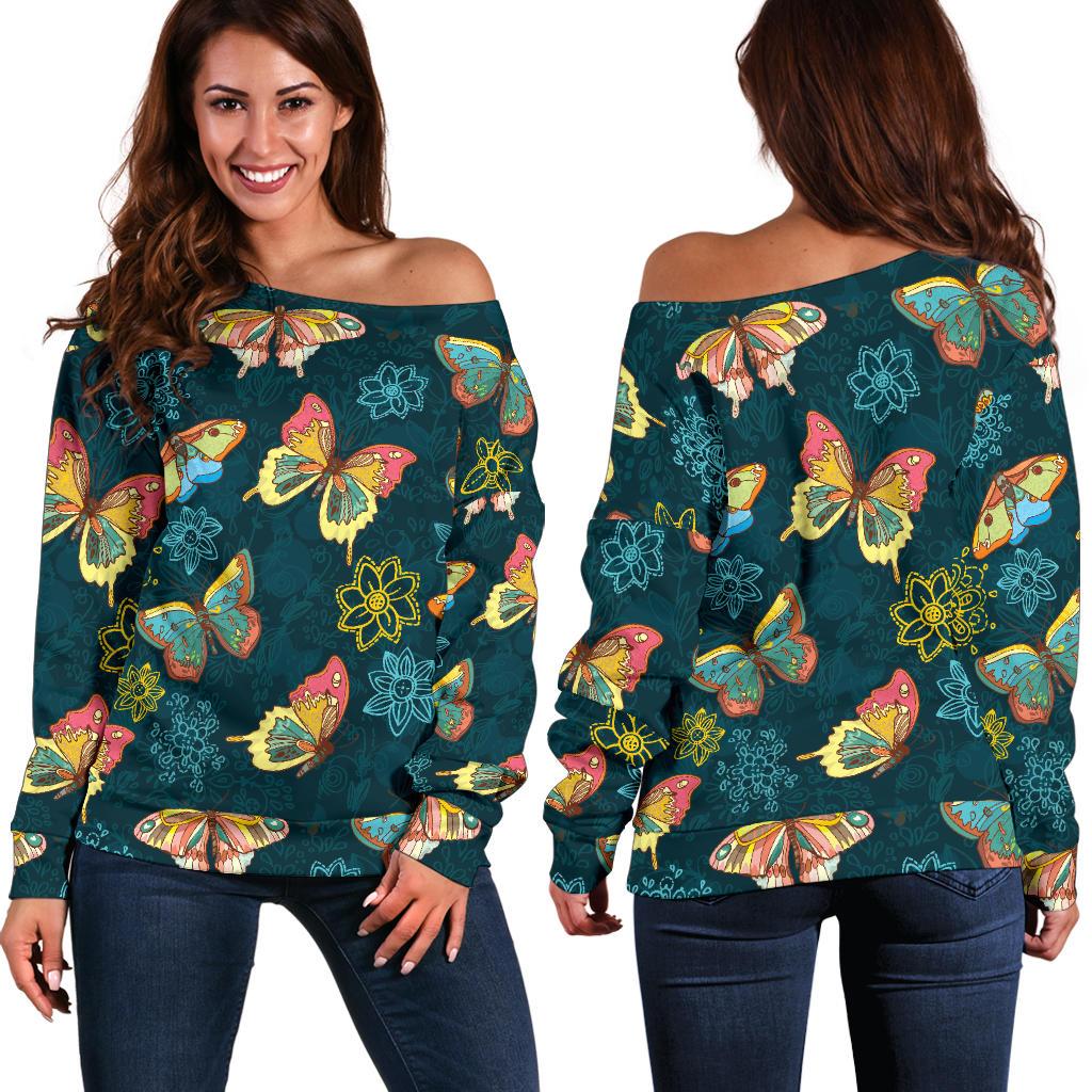 Butterfly Hand Draw Print Pattern Off Shoulder Sweatshirt