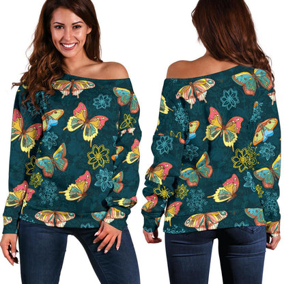 Butterfly Hand Draw Print Pattern Off Shoulder Sweatshirt