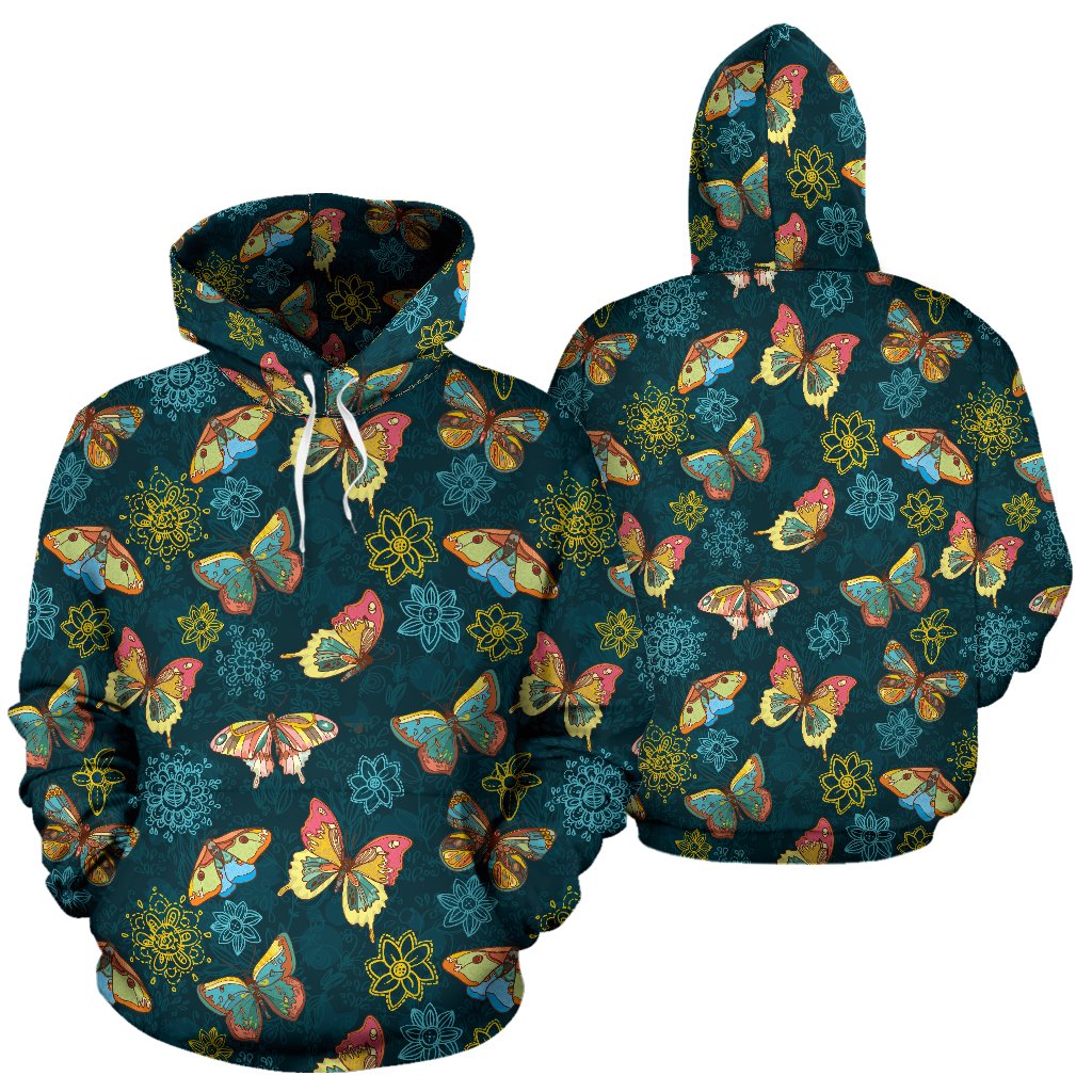 Butterfly Hand Draw Print Pattern Pullover Hoodie