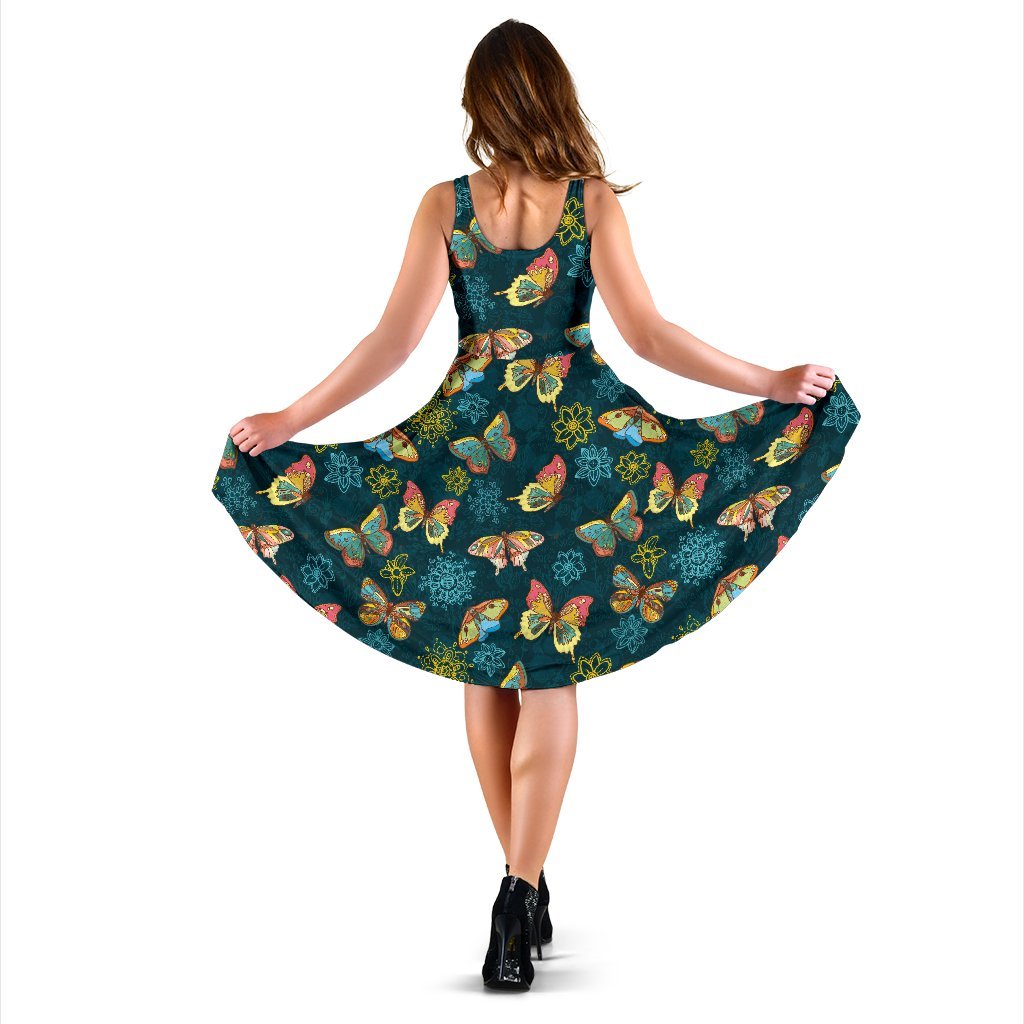 Butterfly Hand Draw Print Pattern Sleeveless Dress