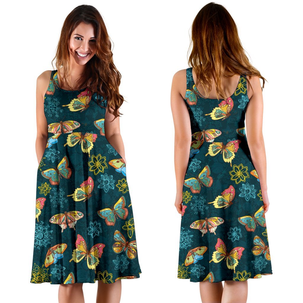 Butterfly Hand Draw Print Pattern Sleeveless Dress