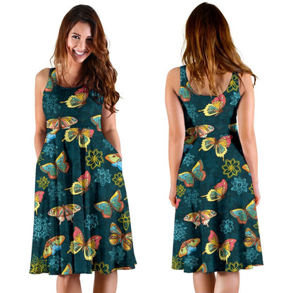 Butterfly Hand Draw Print Pattern Sleeveless Dress