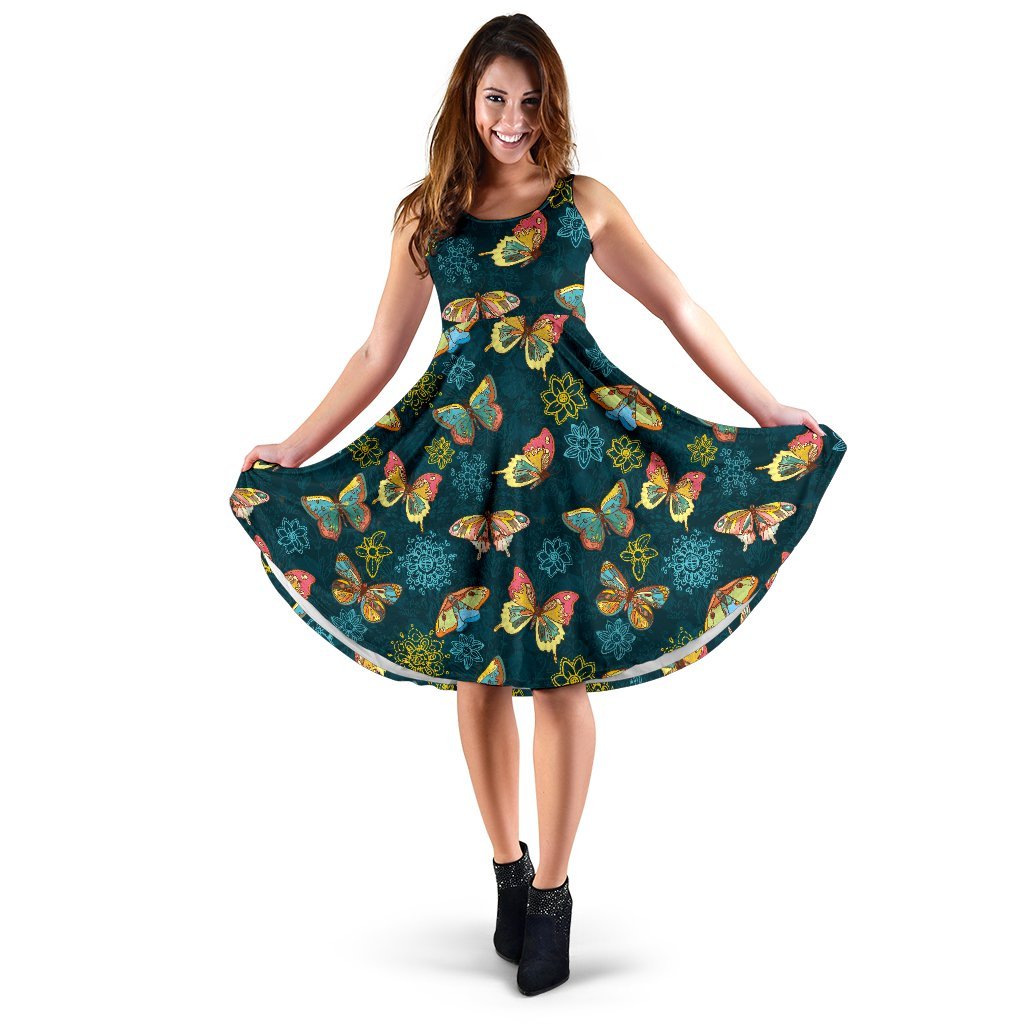 Butterfly Hand Draw Print Pattern Sleeveless Dress