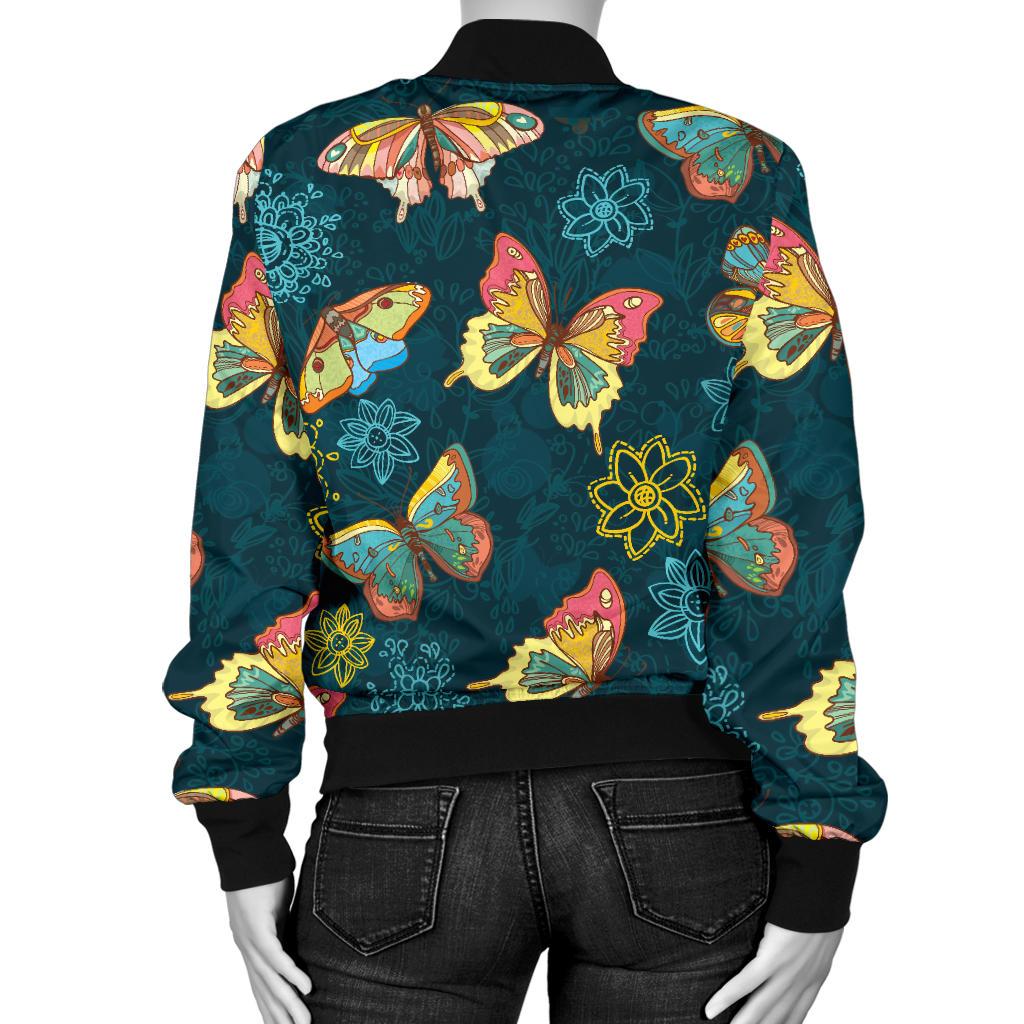 Butterfly Hand Draw Print Pattern Women Casual Bomber Jacket