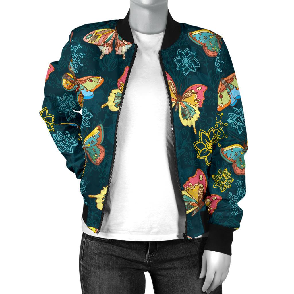 Butterfly Hand Draw Print Pattern Women Casual Bomber Jacket