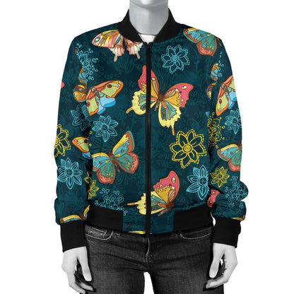 Butterfly Hand Draw Print Pattern Women Casual Bomber Jacket