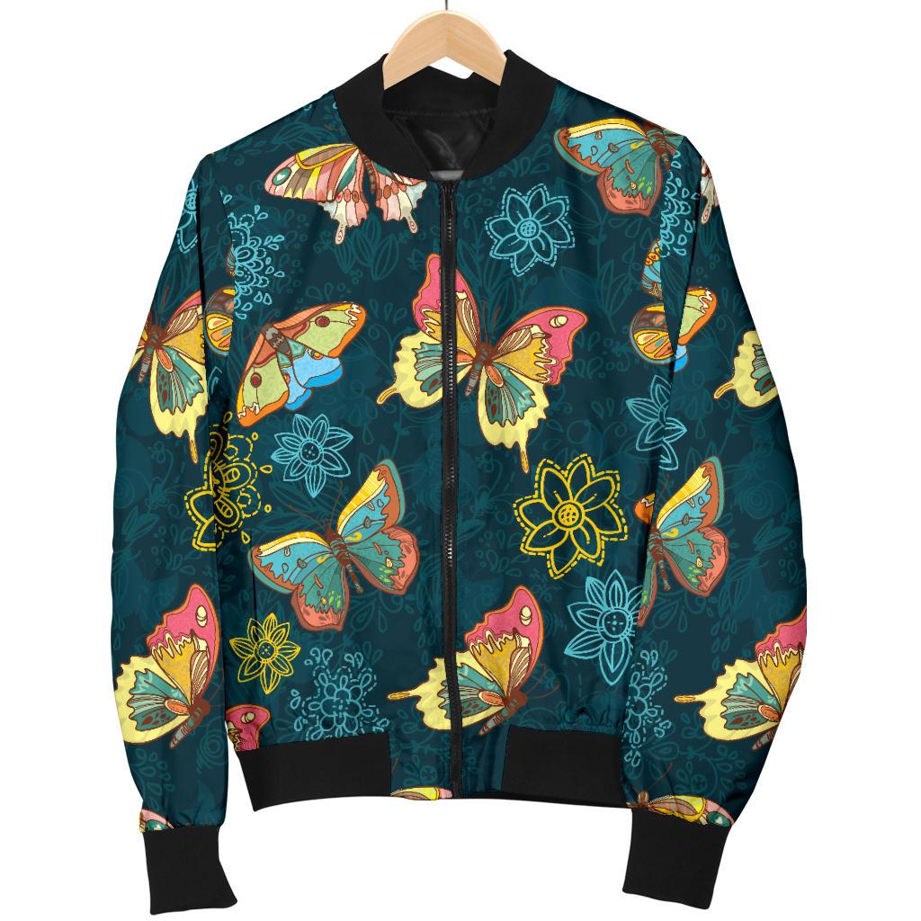 Butterfly Hand Draw Print Pattern Women Casual Bomber Jacket