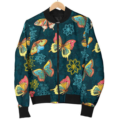 Butterfly Hand Draw Print Pattern Women Casual Bomber Jacket