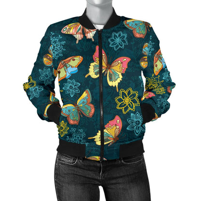 Butterfly Hand Draw Print Pattern Women Casual Bomber Jacket