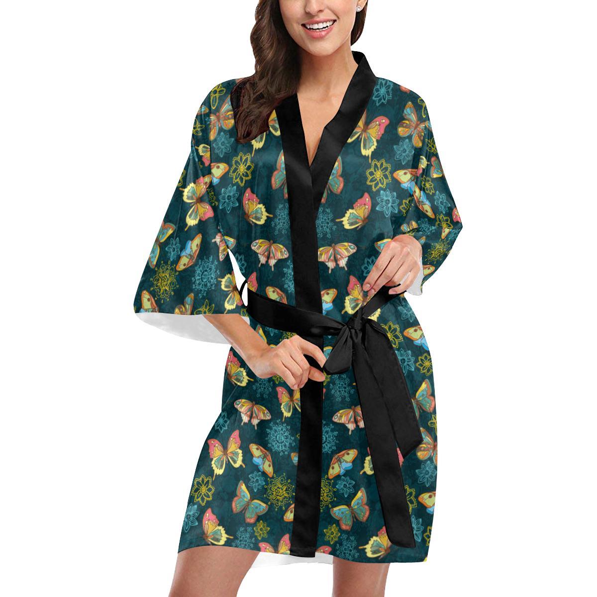 Butterfly Hand Draw Print Pattern Women Short Kimono Robe