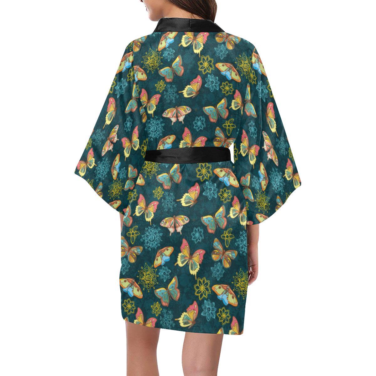 Butterfly Hand Draw Print Pattern Women Short Kimono Robe