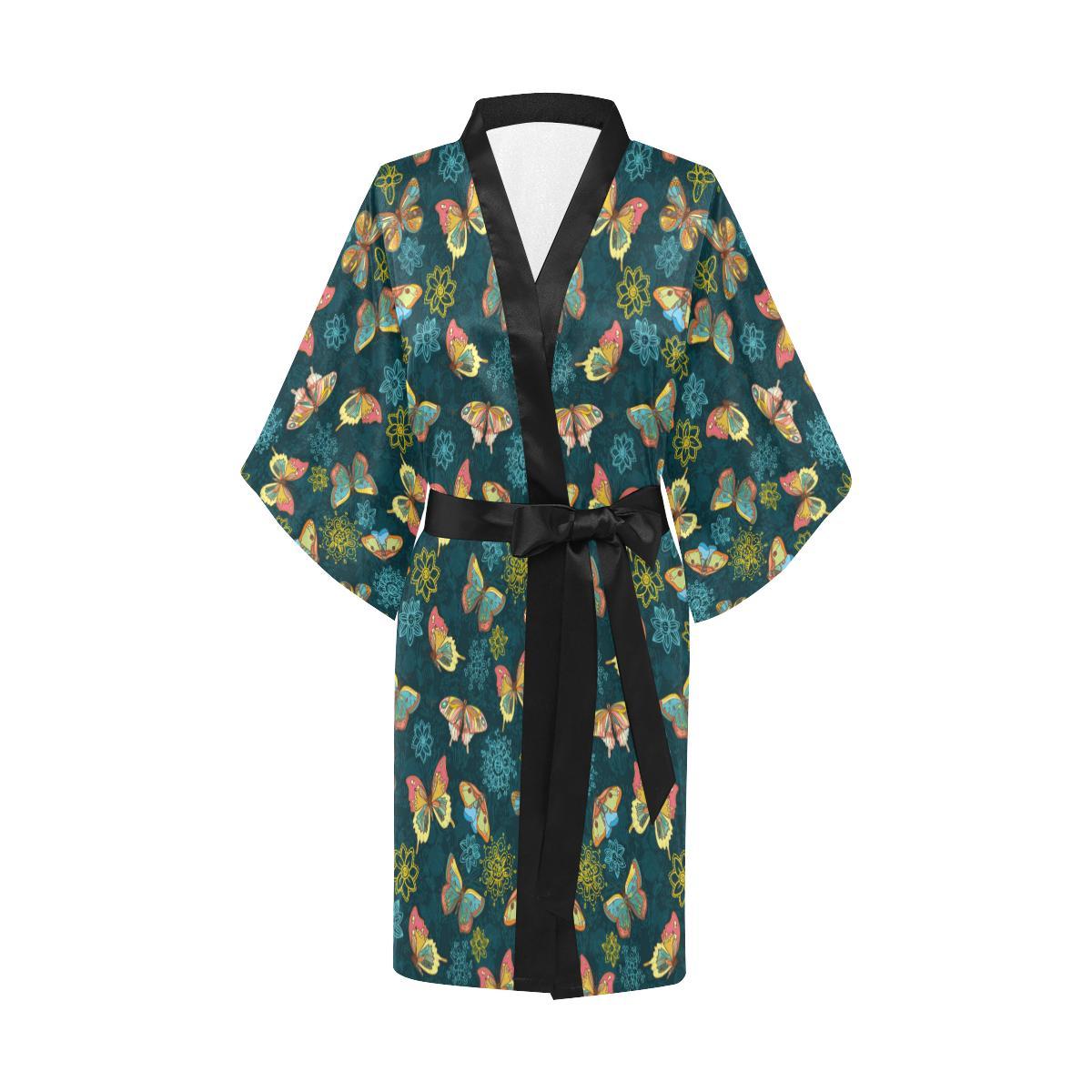 Butterfly Hand Draw Print Pattern Women Short Kimono Robe
