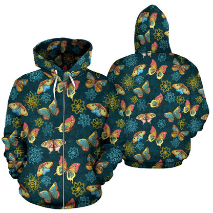 Butterfly Hand Draw Print Pattern Zip Up Hoodie