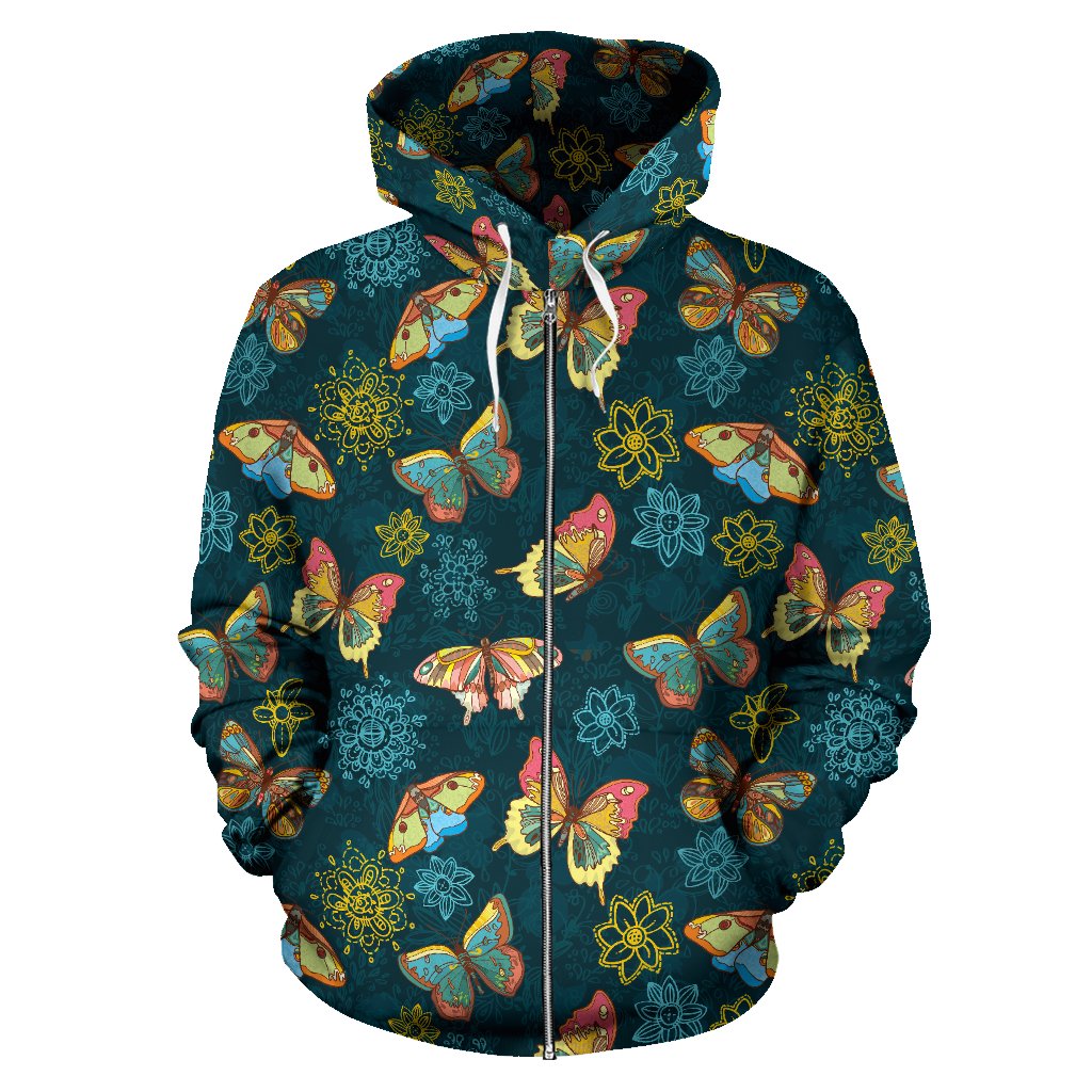 Butterfly Hand Draw Print Pattern Zip Up Hoodie