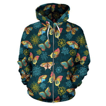 Butterfly Hand Draw Print Pattern Zip Up Hoodie