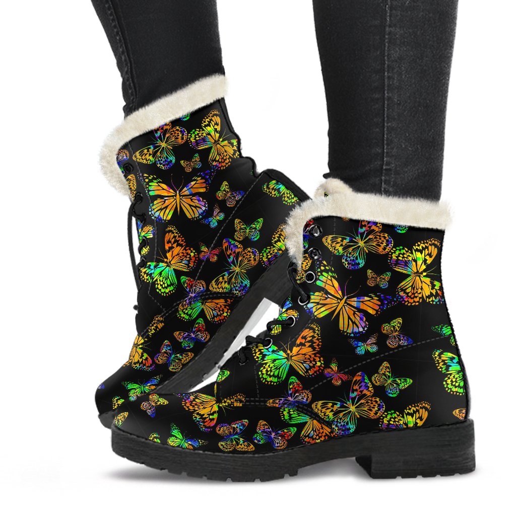 Butterfly Neon Color Print Pattern Faux Fur Leather Boots-JTAMIGO.COM