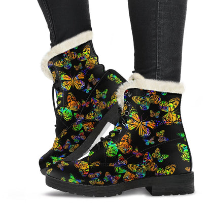 Butterfly Neon Color Print Pattern Faux Fur Leather Boots-JTAMIGO.COM