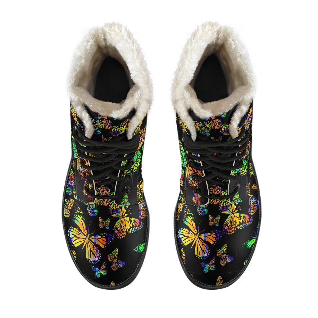 Butterfly Neon Color Print Pattern Faux Fur Leather Boots-JTAMIGO.COM