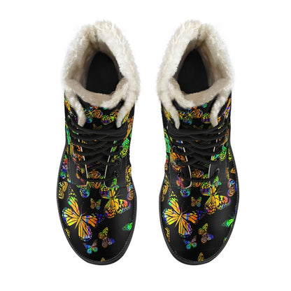 Butterfly Neon Color Print Pattern Faux Fur Leather Boots-JTAMIGO.COM