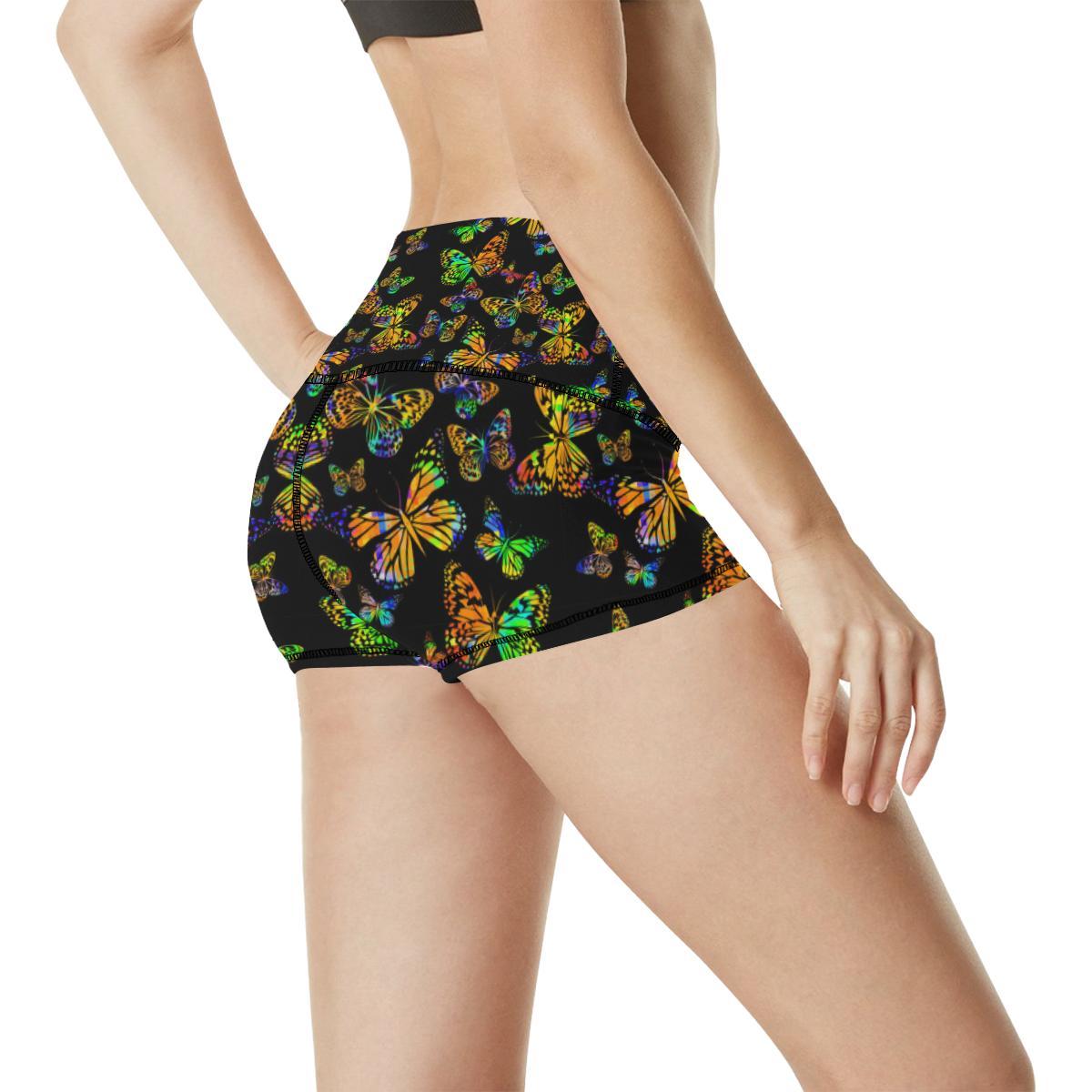 Butterfly Neon Color Print Pattern High Waisted Spandex Shorts-JTAMIGO.COM