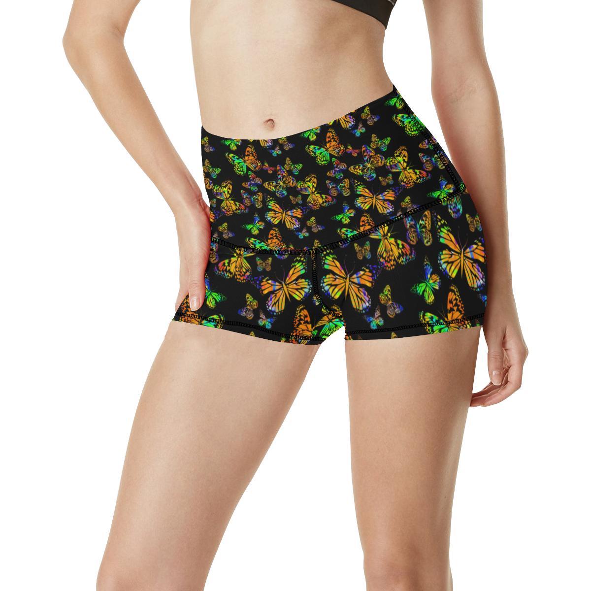 Butterfly Neon Color Print Pattern High Waisted Spandex Shorts-JTAMIGO.COM