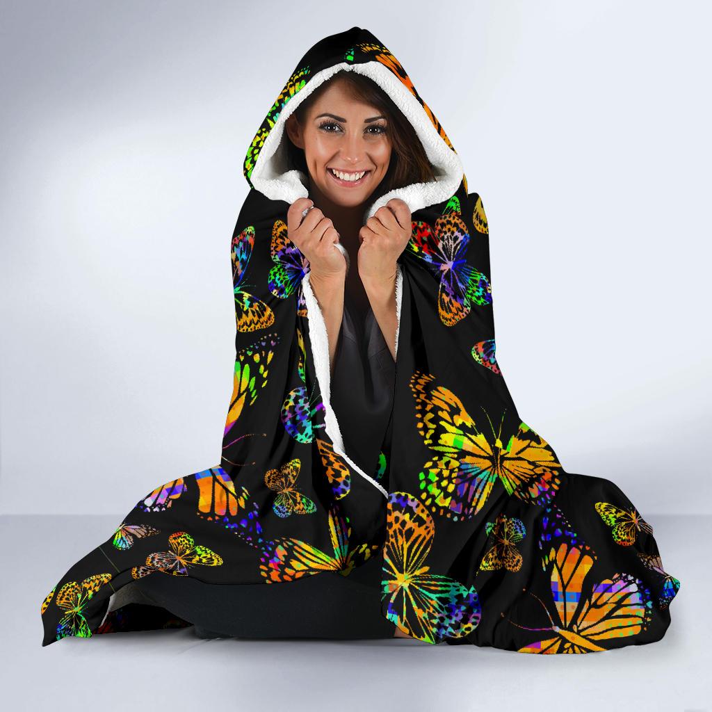 Butterfly Neon Color Print Pattern Hooded Blanket-JTAMIGO.COM