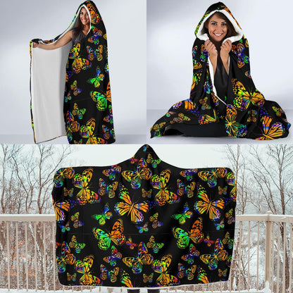 Butterfly Neon Color Print Pattern Hooded Blanket-JTAMIGO.COM