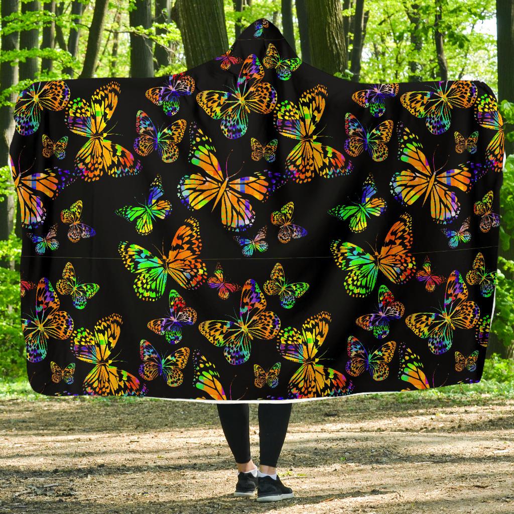 Butterfly Neon Color Print Pattern Hooded Blanket-JTAMIGO.COM