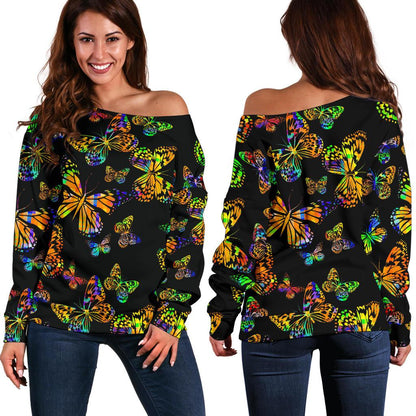 Butterfly Neon Color Print Pattern Off Shoulder Sweatshirt