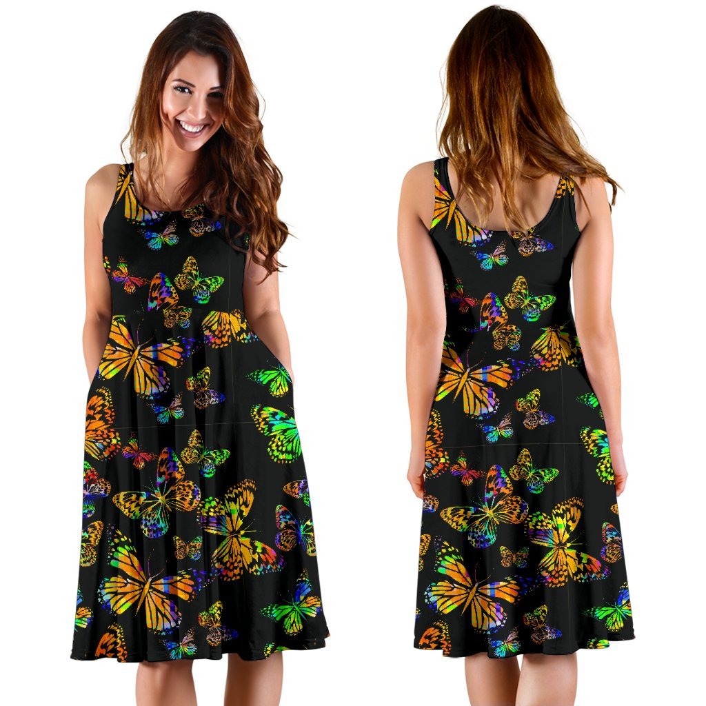 Butterfly Neon Color Print Pattern Sleeveless Dress