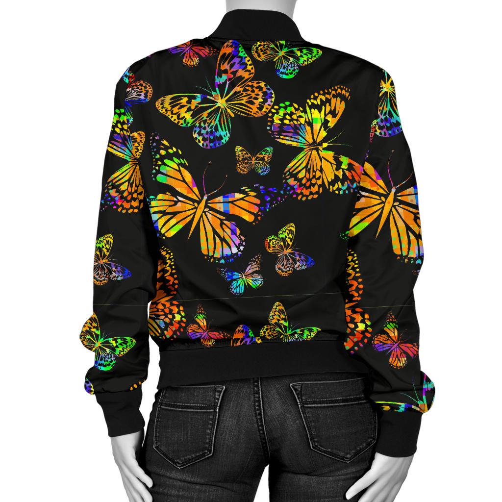 Butterfly Neon Color Print Pattern Women Casual Bomber Jacket